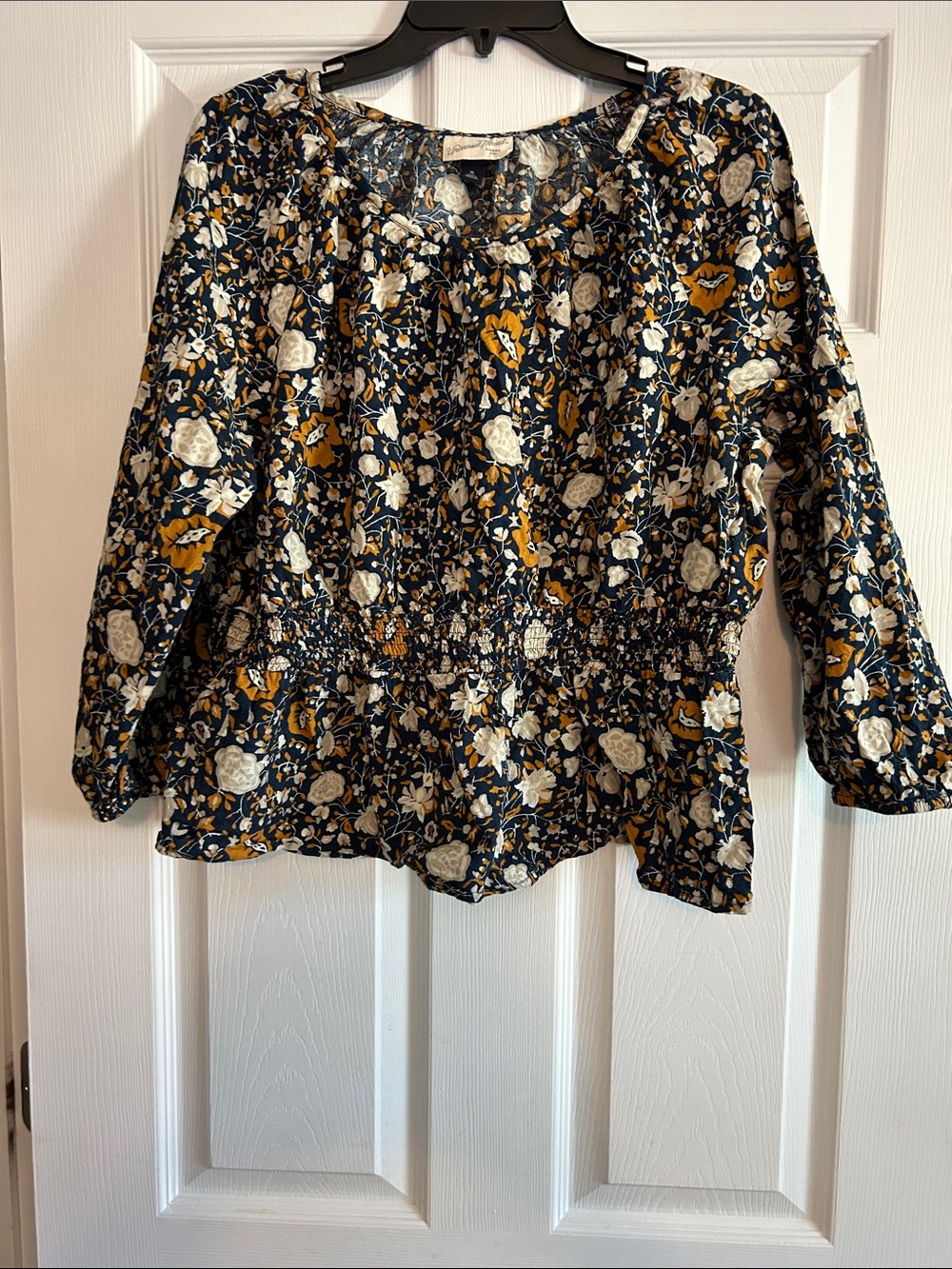 Universal Thread Floral Smocked Waist Blouse - Navy, Mustard & Cream